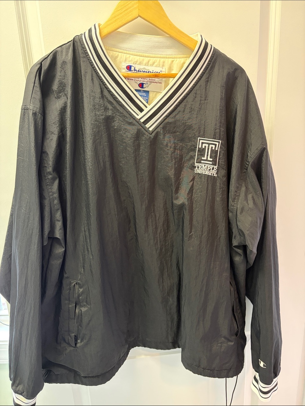 Champion Black V‑Neck Pullover Windbreaker with Temple University logos